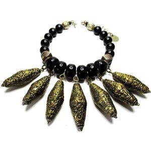 MASHA ARCHER Black Onyx Embossed Golden Spheres Necklace